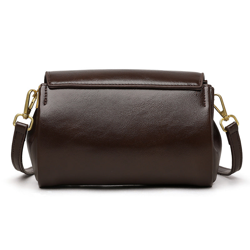 Dark brown PU crossbody bag with top flap, gold-tone clasps, and crossbody strap