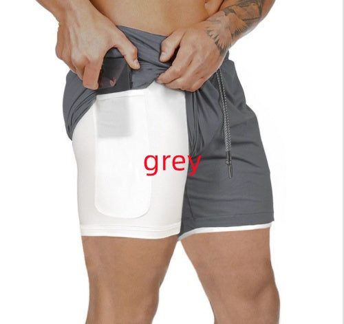Men's gray two-layer compression sports shorts with front pouch pocket and drawstring waist