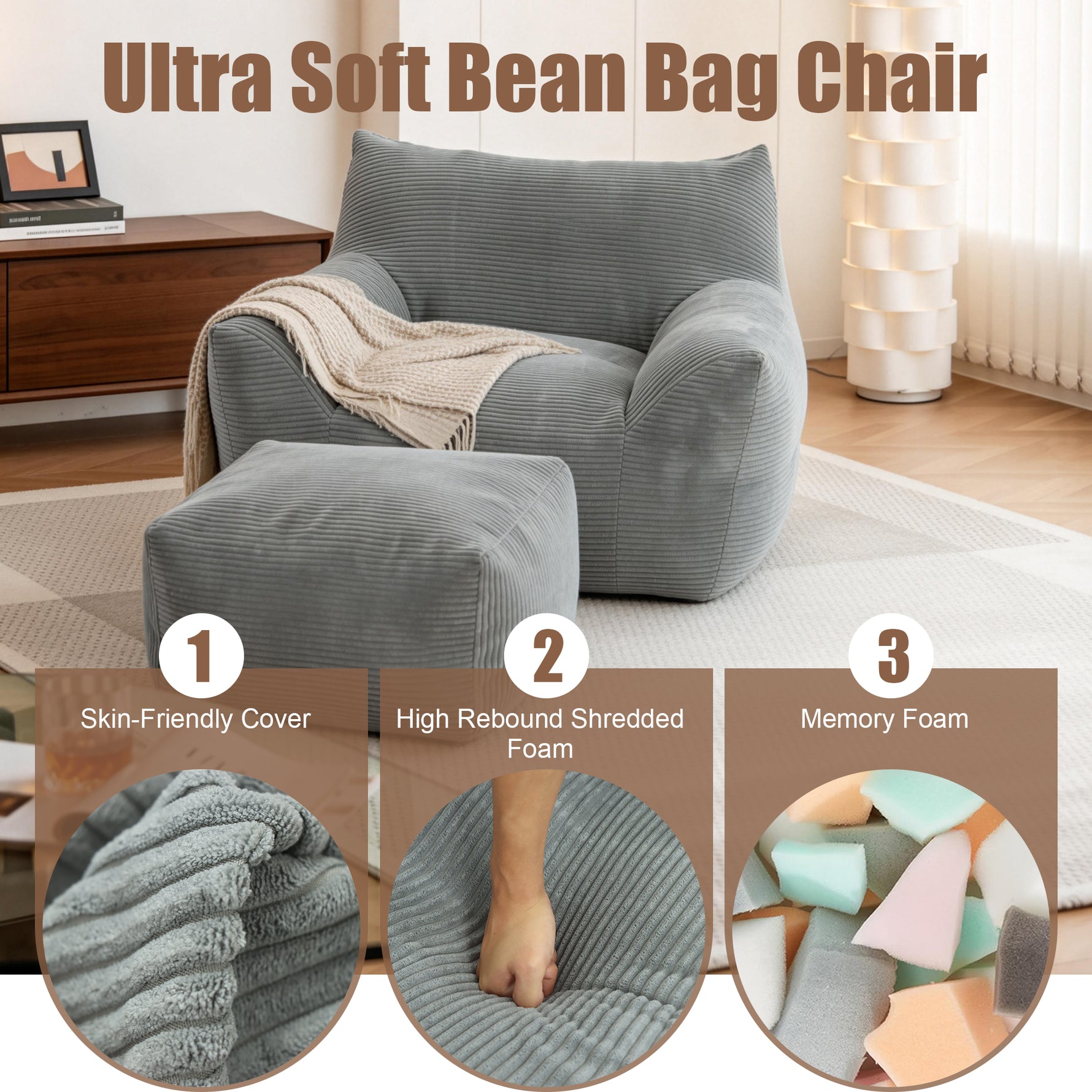 Bean Bag Chair For Adults, Oversized Comfy Beanbag Living Room Lazy Sofa For Bedroom & Dorm