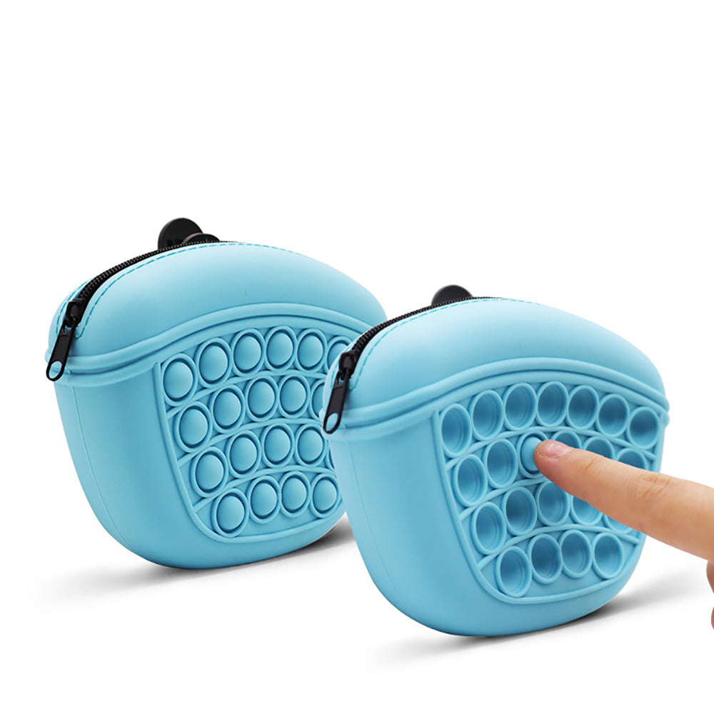 Pair of blue silicone dog treat pouches with circular popper front and black zip pull