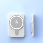 White magnetic wireless power bank with lightning logo and side profile view.