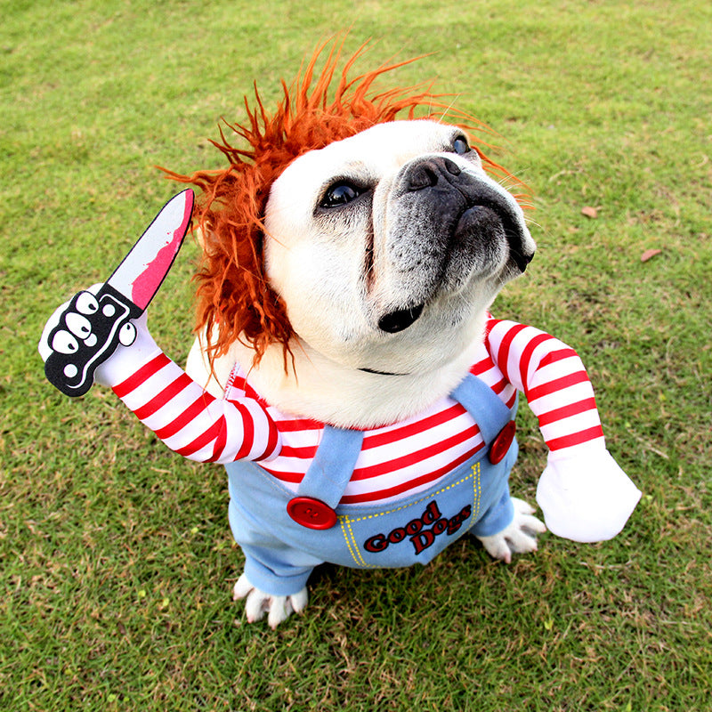 Dog Halloween costume close-up: orange wig, striped arms, light-blue overalls with Good Dogs patch