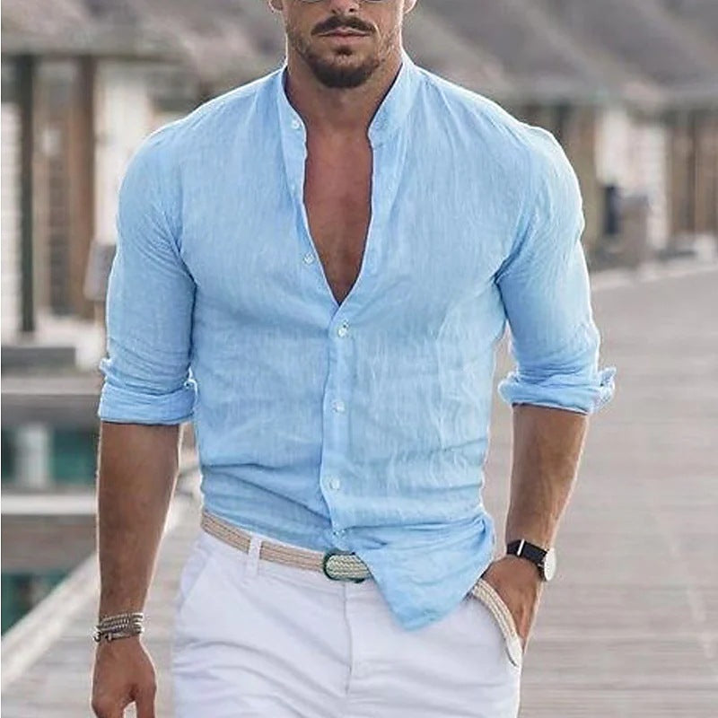 Men's casual cotton button-up shirt, light blue, V-neck placket, 3/4 sleeves