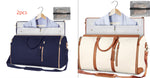 Waterproof travel duffle set, navy and beige bags with light-blue lining and mesh pouch