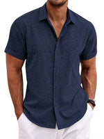 Dark navy men’s linen-style stand collar short sleeve t-shirt with button front