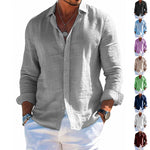 Men's long-sleeve button-up shirt, gray, spread collar, button front, solid