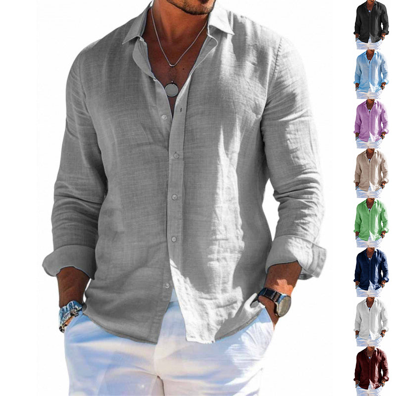 Men's long-sleeve button-up shirt, gray, spread collar, button front, solid