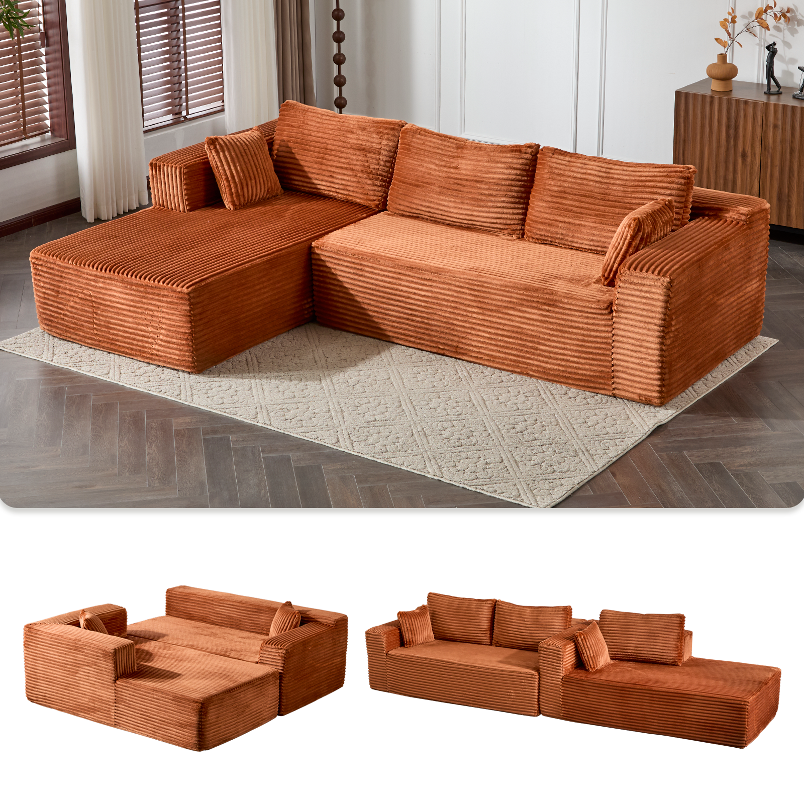 L-shaped sectional couch with chaise in brown corduroy, corner sofa and chaise