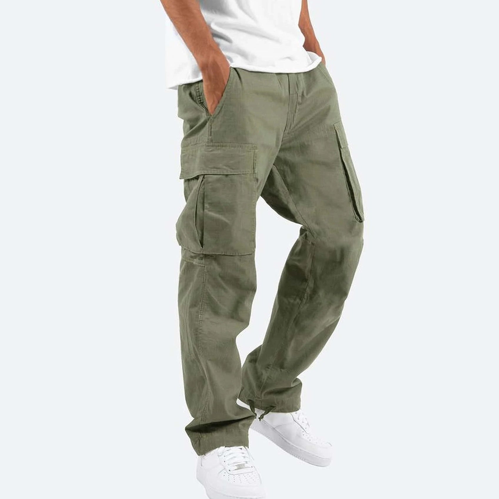 Men’s cargo pants, olive green, multi-pocket design, drawstring waist, straight leg