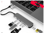 USB-C hub docking station connected to laptop, shows HDMI and SD/Tf card slots
