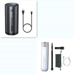 Portable car vacuum cleaner, dark gray cylinder with charging cable and two nozzles