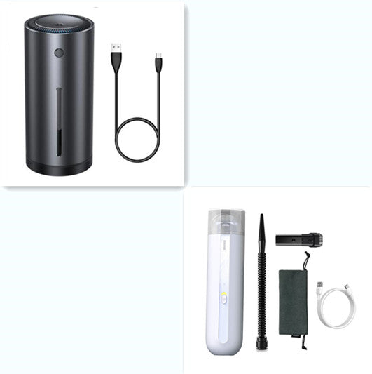 Portable car vacuum cleaner, dark gray cylinder with charging cable and two nozzles