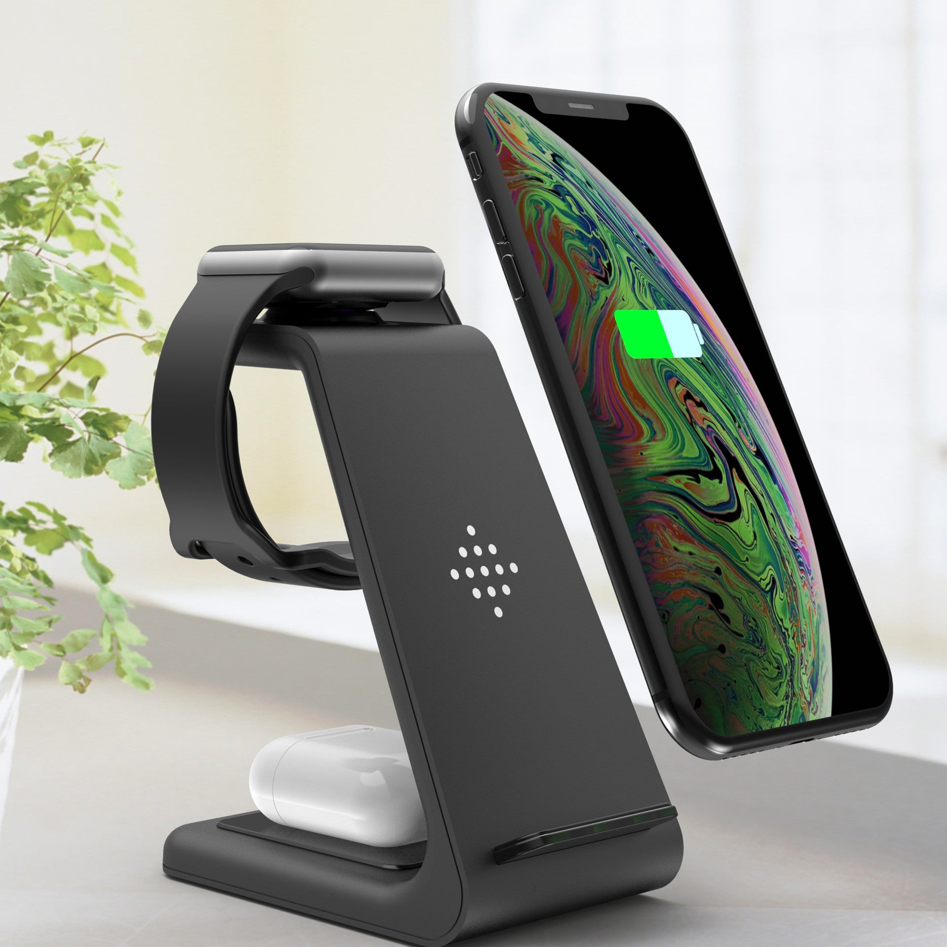 Black wireless charger stand with phone holder and curved charging base