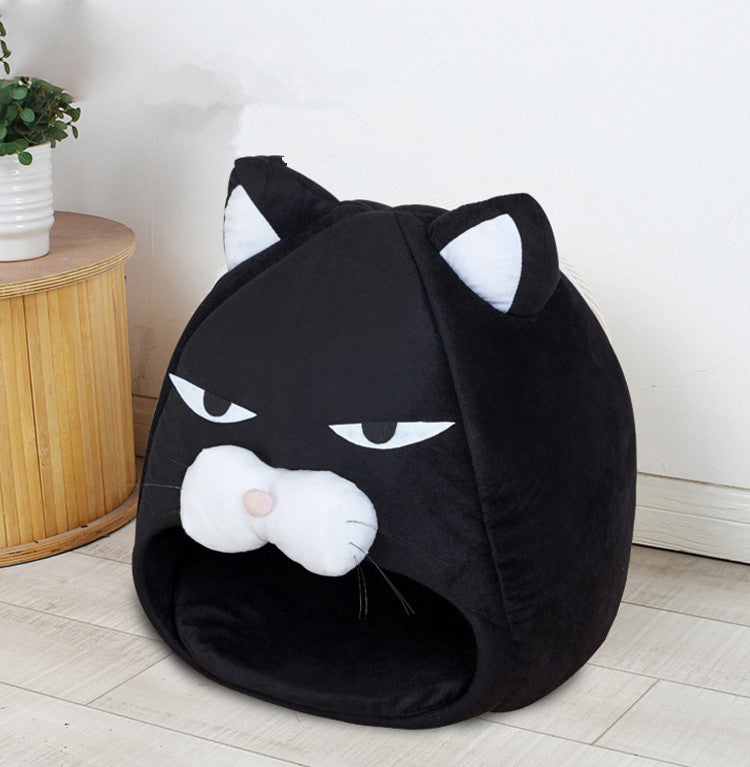 Black cat-face pet bed nest with hood opening and plush cushioned interior