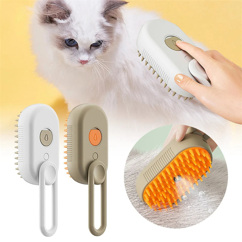 Electric steam pet brush with white handle and orange silicone grooming head