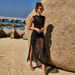 Women's black sheer sleeveless V-neck beach blouse, high slit side and mesh overlay.
