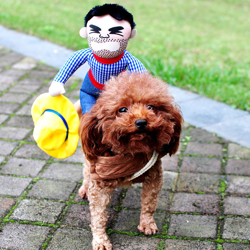 Dog Halloween costume with orange wig only; no overalls or sleeves visible