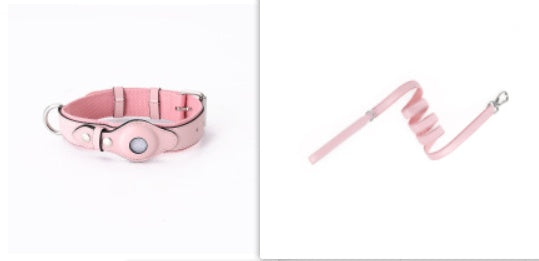 Light pink leather pet collar with AirTag holder, metal clasp, and adjustable strap