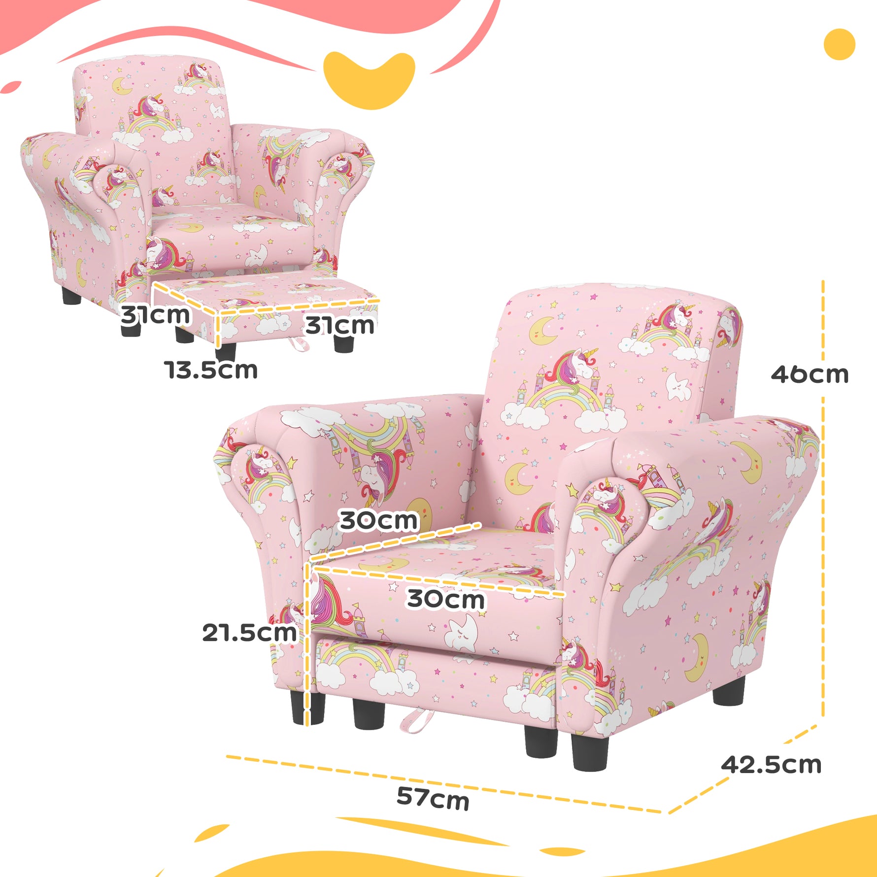 2 Piece Kids Sofa Set With Unicorn Design, Wooden Frame, For 1.5-3 Years Old, Pink