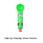 Green dog water bottle with cup, visible poop bag, shovel, and food box