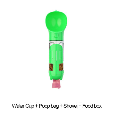 Green dog water bottle with cup, visible poop bag, shovel, and food box