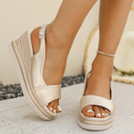 Women’s white wedge platform sandals with open toe and buckled slingback strap