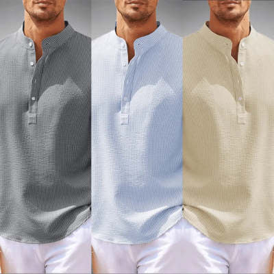 Men's textured stand-collar shirt shown in dark gray, light blue, and khaki