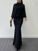 Halter mesh beaded dress set in black with sheer high neckline sleeves and fitted skirt