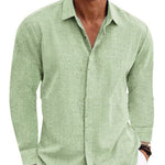 Light green men’s long-sleeve button-front cardigan shirt with open collar and patch pocket