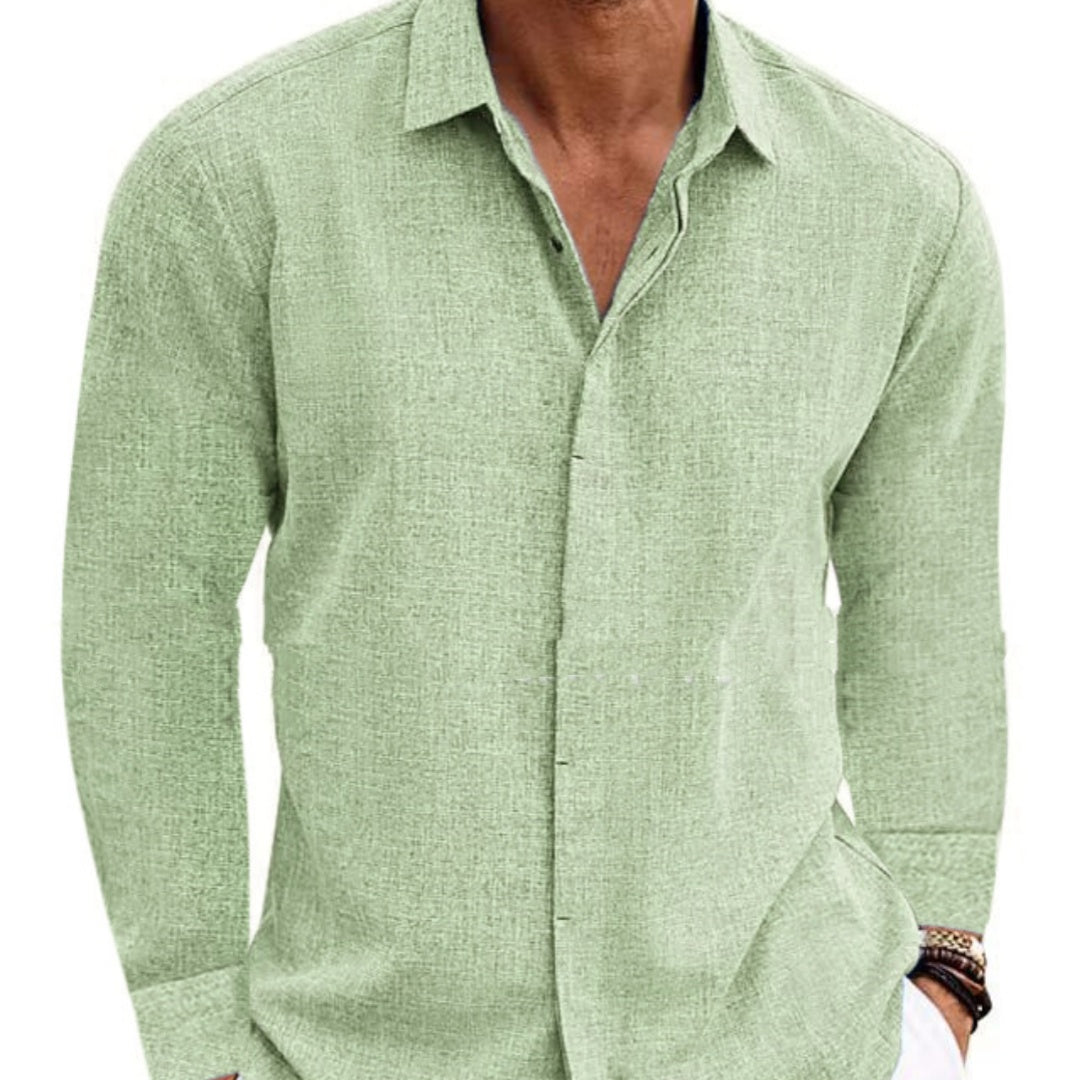 Light green men’s long-sleeve button-front cardigan shirt with open collar and patch pocket