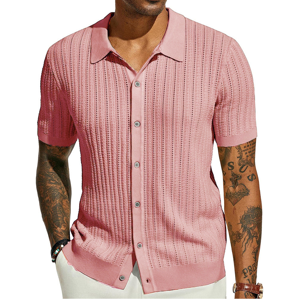 Pink knitted polo shirt with point collar, short sleeves, button placket