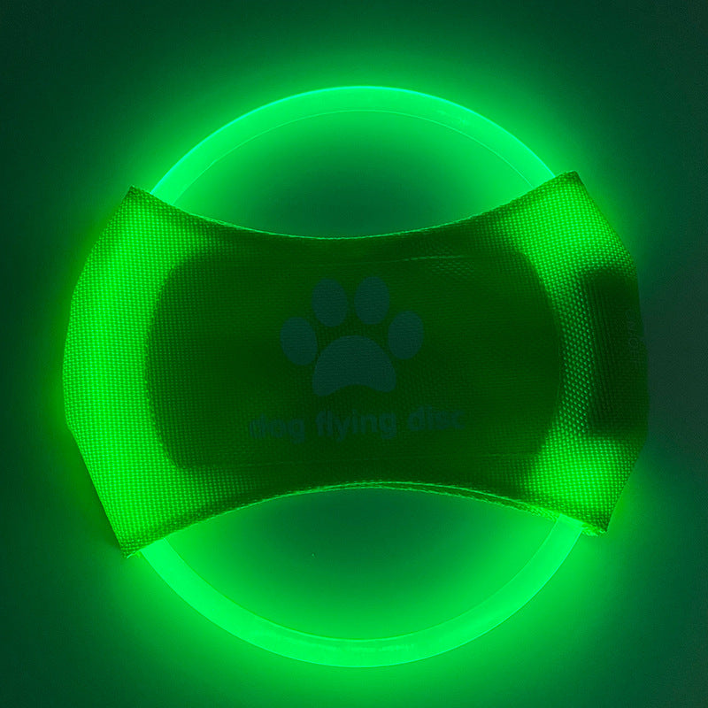 LED dog flying disc, green fabric with paw icon, green glowing ring