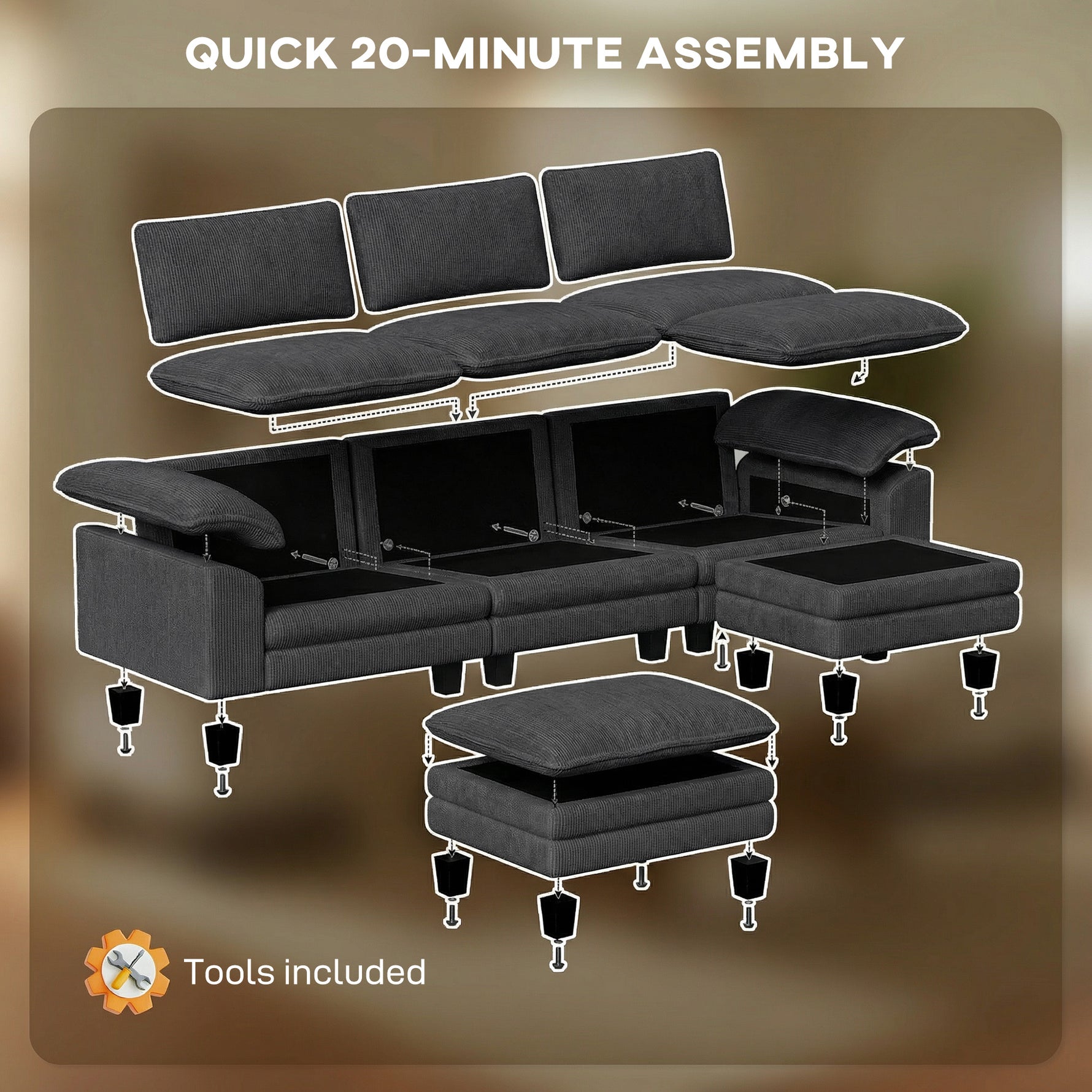 Sectional Sofa, L Shaped Couch with Deep Seat, Movable Ottoman and Pillow-top Armrests, Dark Gray