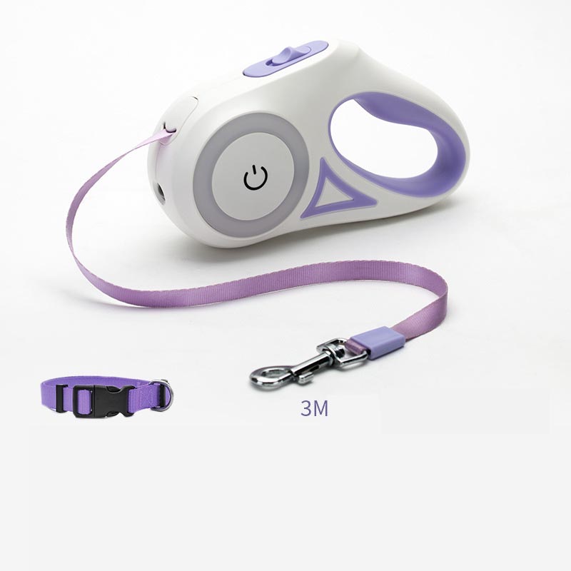 White retractable pet leash with purple strap, LED button, and metal clip
