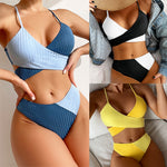 Ribbed patchwork bikini set bundle with triangle bra and high-waist briefs, blue and black panels