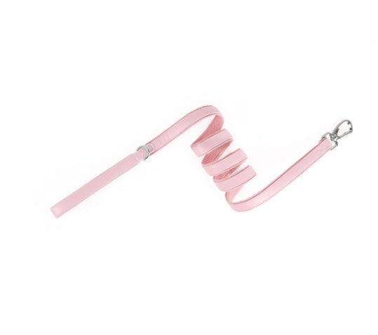 Pink leather pet collar with AirTag holder and metal clasp, D-ring and strap cover