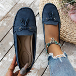 Women’s round toe loafers, dark blue slip-on with lace bow and stitched vamp