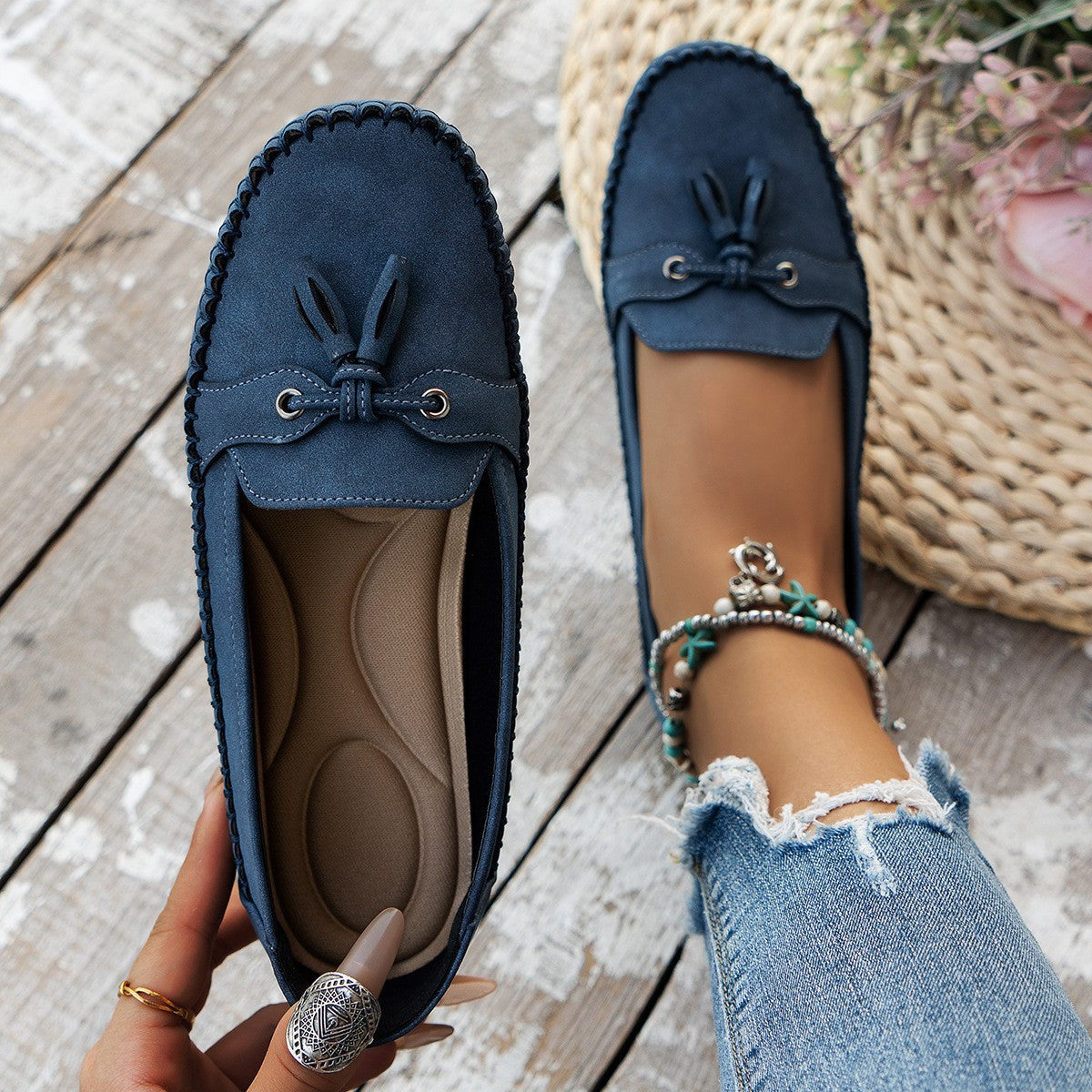 Women’s round toe loafers, dark blue slip-on with lace bow and stitched vamp