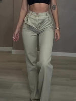 Light green high-waist denim jeans with button fly, regular fit, full length