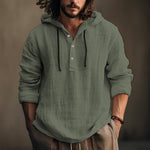Men's hooded pullover shirt, pale green; front button placket, drawstring hood, long sleeves