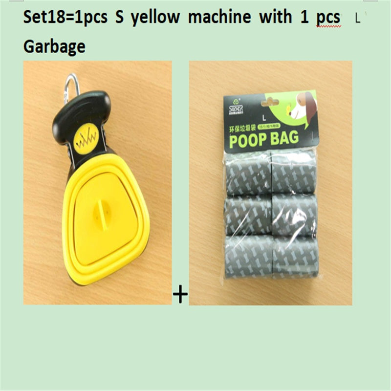 Yellow foldable dog pooper scooper with black waste bag pack