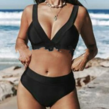 Black V-neck triangle bikini top and high-rise bikini bottoms, sleeveless two-piece swimsuit.