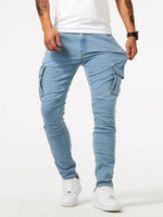 Light blue denim cargo pants with belt loops and side cargo flap pockets