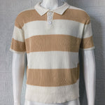 Men's short-sleeve knit polo sweater with brown and cream horizontal color-block stripes