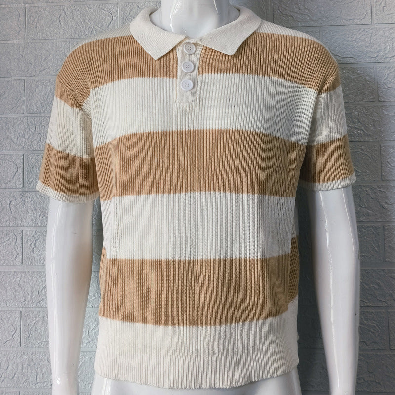Men's short-sleeve knit polo sweater with brown and cream horizontal color-block stripes