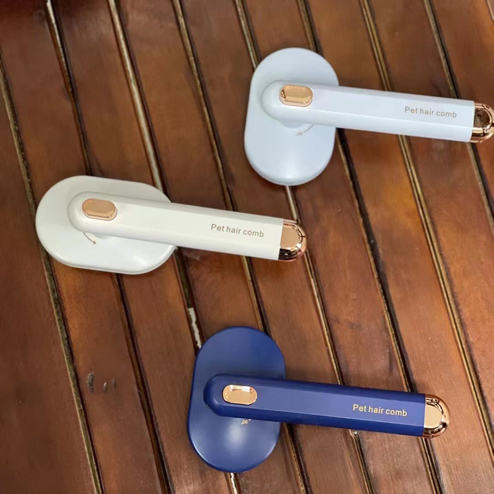 Pet hair comb set with two white and one dark blue self-cleaning grooming brushes