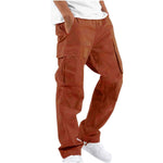Rust brown cargo pants with drawstring ankle, straight leg, multi front pockets