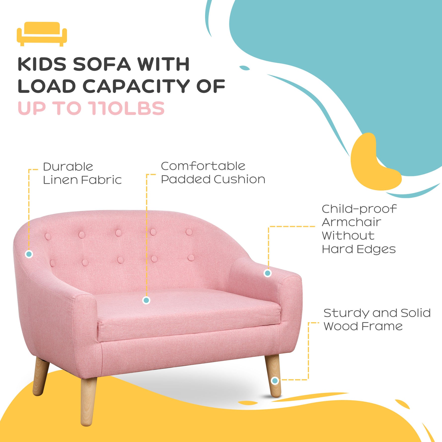 2-Seat Kids Sofa, Toddler Sofa Couch, Linen-Like Fabric & Wood Frame Sofa Chair For Ages 3-7, 11" High Seat, Pink
