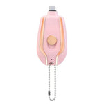 Pink keychain power pod charger with USB-C port and bead chain, round front button