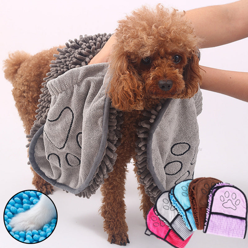 Gray microfiber pet bathrobe towel with paw design and shaggy absorbent loops